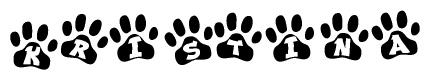 The image shows a series of animal paw prints arranged horizontally. Within each paw print, there's a letter; together they spell Kristina