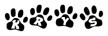 The image shows a series of animal paw prints arranged in a horizontal line. Each paw print contains a letter, and together they spell out the word Krys.