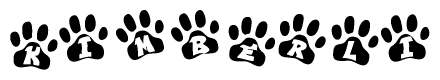 The image shows a row of animal paw prints, each containing a letter. The letters spell out the word Kimberli within the paw prints.