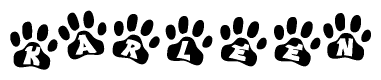 The image shows a series of animal paw prints arranged horizontally. Within each paw print, there's a letter; together they spell Karleen