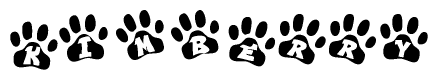 The image shows a series of animal paw prints arranged in a horizontal line. Each paw print contains a letter, and together they spell out the word Kimberry.