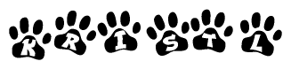 The image shows a series of animal paw prints arranged in a horizontal line. Each paw print contains a letter, and together they spell out the word Kristl.