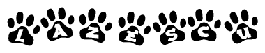 The image shows a series of animal paw prints arranged in a horizontal line. Each paw print contains a letter, and together they spell out the word Lazescu.