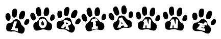 The image shows a row of animal paw prints, each containing a letter. The letters spell out the word Lorianne within the paw prints.