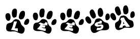 The image shows a series of animal paw prints arranged in a horizontal line. Each paw print contains a letter, and together they spell out the word Leesa.