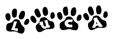 The image shows a row of animal paw prints, each containing a letter. The letters spell out the word Luca within the paw prints.