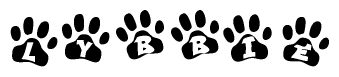 The image shows a row of animal paw prints, each containing a letter. The letters spell out the word Lybbie within the paw prints.