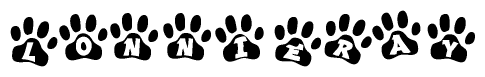 The image shows a row of animal paw prints, each containing a letter. The letters spell out the word Lonnieray within the paw prints.