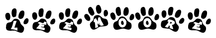 The image shows a series of animal paw prints arranged horizontally. Within each paw print, there's a letter; together they spell Leemoore
