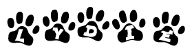 The image shows a series of animal paw prints arranged in a horizontal line. Each paw print contains a letter, and together they spell out the word Lydie.