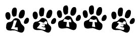 The image shows a series of animal paw prints arranged horizontally. Within each paw print, there's a letter; together they spell Lette