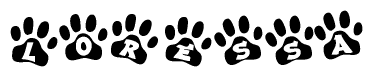 The image shows a row of animal paw prints, each containing a letter. The letters spell out the word Loressa within the paw prints.