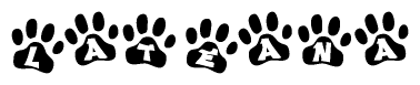 The image shows a series of animal paw prints arranged horizontally. Within each paw print, there's a letter; together they spell Lateana