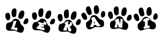 The image shows a series of animal paw prints arranged in a horizontal line. Each paw print contains a letter, and together they spell out the word Lekani.
