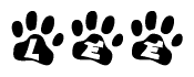 The image shows a series of animal paw prints arranged in a horizontal line. Each paw print contains a letter, and together they spell out the word Lee.