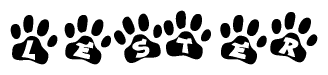 The image shows a row of animal paw prints, each containing a letter. The letters spell out the word Lester within the paw prints.