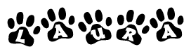 The image shows a series of animal paw prints arranged horizontally. Within each paw print, there's a letter; together they spell Laura