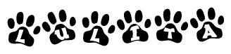 The image shows a series of animal paw prints arranged horizontally. Within each paw print, there's a letter; together they spell Lulita