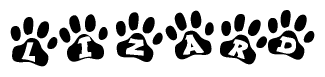 The image shows a row of animal paw prints, each containing a letter. The letters spell out the word Lizard within the paw prints.