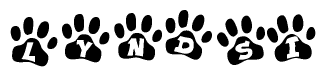 The image shows a series of animal paw prints arranged horizontally. Within each paw print, there's a letter; together they spell Lyndsi