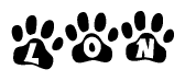 The image shows a series of animal paw prints arranged in a horizontal line. Each paw print contains a letter, and together they spell out the word Lon.