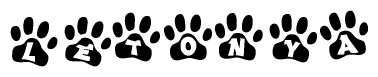 The image shows a series of animal paw prints arranged in a horizontal line. Each paw print contains a letter, and together they spell out the word Letonya.