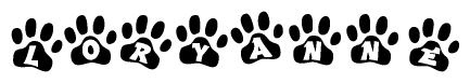 The image shows a row of animal paw prints, each containing a letter. The letters spell out the word Loryanne within the paw prints.