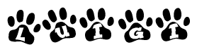 The image shows a row of animal paw prints, each containing a letter. The letters spell out the word Luigi within the paw prints.