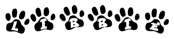 The image shows a series of animal paw prints arranged horizontally. Within each paw print, there's a letter; together they spell Libbie