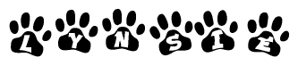 The image shows a series of animal paw prints arranged in a horizontal line. Each paw print contains a letter, and together they spell out the word Lynsie.