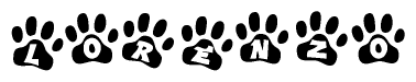 The image shows a series of animal paw prints arranged in a horizontal line. Each paw print contains a letter, and together they spell out the word Lorenzo.