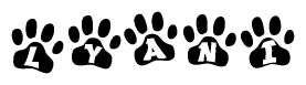 The image shows a series of animal paw prints arranged in a horizontal line. Each paw print contains a letter, and together they spell out the word Lyani.