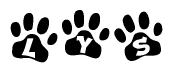 The image shows a series of animal paw prints arranged in a horizontal line. Each paw print contains a letter, and together they spell out the word Lys.