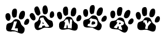 The image shows a series of animal paw prints arranged horizontally. Within each paw print, there's a letter; together they spell Landry