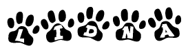 The image shows a series of animal paw prints arranged horizontally. Within each paw print, there's a letter; together they spell Lidna