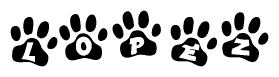 The image shows a series of animal paw prints arranged in a horizontal line. Each paw print contains a letter, and together they spell out the word Lopez.