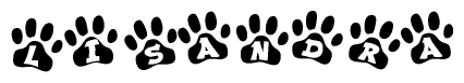 The image shows a row of animal paw prints, each containing a letter. The letters spell out the word Lisandra within the paw prints.