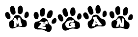 The image shows a series of animal paw prints arranged in a horizontal line. Each paw print contains a letter, and together they spell out the word Megan.