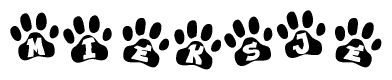 The image shows a series of animal paw prints arranged horizontally. Within each paw print, there's a letter; together they spell Mieksje