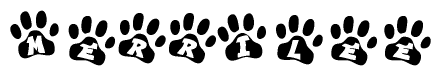 The image shows a series of animal paw prints arranged horizontally. Within each paw print, there's a letter; together they spell Merrilee