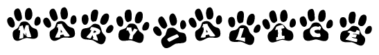 The image shows a series of animal paw prints arranged in a horizontal line. Each paw print contains a letter, and together they spell out the word Mary-alice.