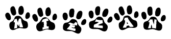 The image shows a series of animal paw prints arranged in a horizontal line. Each paw print contains a letter, and together they spell out the word Miezan.