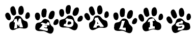 The image shows a series of animal paw prints arranged in a horizontal line. Each paw print contains a letter, and together they spell out the word Medalis.