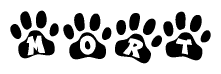The image shows a series of animal paw prints arranged in a horizontal line. Each paw print contains a letter, and together they spell out the word Mort.