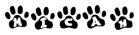 The image shows a series of animal paw prints arranged in a horizontal line. Each paw print contains a letter, and together they spell out the word Micah.