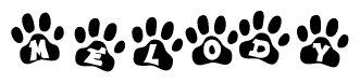 The image shows a row of animal paw prints, each containing a letter. The letters spell out the word Melody within the paw prints.