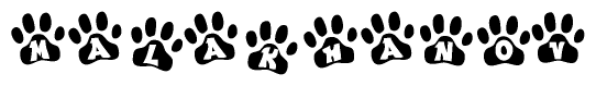 The image shows a series of animal paw prints arranged in a horizontal line. Each paw print contains a letter, and together they spell out the word Malakhanov.
