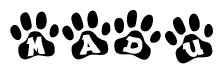 The image shows a series of animal paw prints arranged horizontally. Within each paw print, there's a letter; together they spell Madu