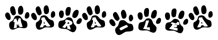 The image shows a series of animal paw prints arranged in a horizontal line. Each paw print contains a letter, and together they spell out the word Mara-lea.