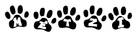 The image shows a series of animal paw prints arranged horizontally. Within each paw print, there's a letter; together they spell Metzi